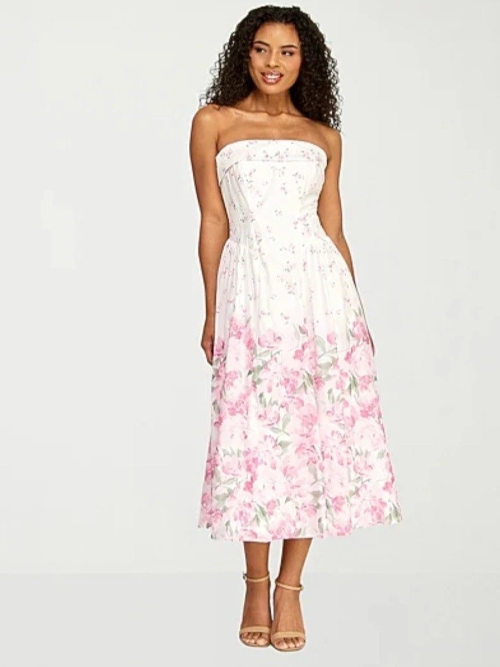 Strapless Pink Floral Midi Dress